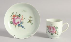 A LIVERPOOL CHAFFERS FACTORY COFFEE CUP AND SAUCER painted in colour with a large rose.