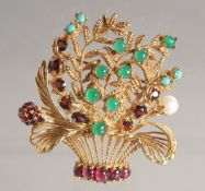 A GOOD 14CT GOLD BASKET BROOCH set with pearls and other stones.