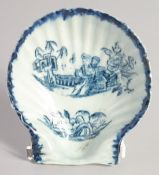 A VERY RARE LIVERPOOL SHELL SHAPED DISH decorated in blue, with children on a bench.