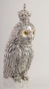 A SILVER PLATED OWL WITH A CROWN PERFUME BOTTLE.