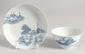 A LIVERPOOL RARE CHAFFERS TEABOWL AND SAUCER painted in blue with islands, one with a hut and a