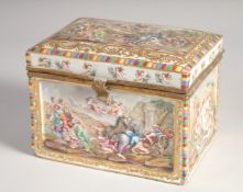 A CAPODIMONTE PORCELAIN BOX AND HINGED TOP decorated with classical panels. 6.5ins wide, 4.5in deep,