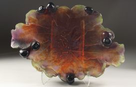 A SUPERB LARGE DAUM PATE DE VERRE GLASS FIG OVAL DISH set with sight dark figs, the dish as fig
