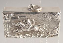 A VICTORIAN SILVER HORSE RACING VESTA the top with two cast horses and jockeys. 2ins x 1ins.