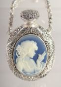 A SILVER PLATED CAMEO PERFUME BOTTLE.