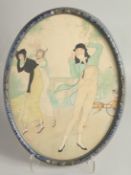 ICART. A FRENCH OVAL WATERCOLOUR, a dandy and ladies. 16ins x 11ins.