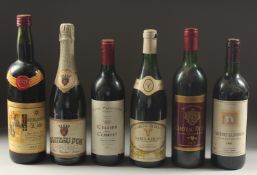 SIX VARIOUS BOTTLES OF WINE.