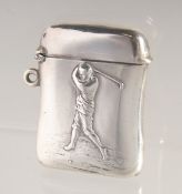 A RARE EDWARD VII SILVER GOLFING VESTA, the front with a golfer. 2ins x 1.75ins. Birmingham 1901.