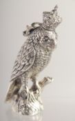 A SILVER PLATED PARROT WITH A CROWN PERFUME BOTTLE.