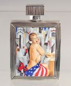A SILVER PLATED ART DECO DESIGN, SEMI NUDE WITH AMERICAN FLAG PERFUME BOTTLE.