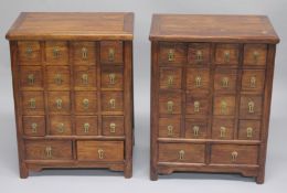 A PAIR OF CHINESE ELM MULTI DRAWER CHESTS. 1ft 10.5ins wide x 1ft 3ins deep x 2ft 5.5ins high.