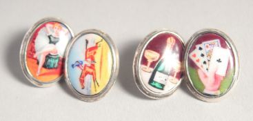 A SET OF SILVER AND ENAMEL FOUR VICES CUFF LINKS.