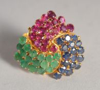 A GOOD SAPPHIRE AND EMERALD RING, BOXED.