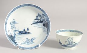 A LIVERPOOL CHAFFERS FACTORY TEABOWL AND SAUCER painted in blue with two men bowing.
