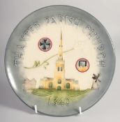 MOORCROFT THAXTED PARISH CHURCH 1340, COMMEMORATIVE PLATE. Impressed Moorcroft. 8.5ins diameter.