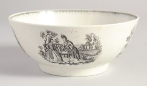 A LIVERPOOL BOWL printed in black by Sadler, having several rare prints, bears paper labels for