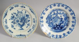 TWO 18TH CENTURY DELFT TIN GLAZE BLUE AND WHITE PLATES. 8.5ins diameter.