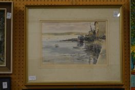 Harbour scene with fishing boat, watercolour, together with a coastal landscape.