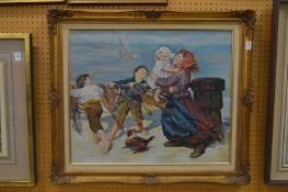 Children and a dog playing on the seashore, acrylic on canvas, in a decorative gilt frame.