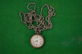 A ladies' silver pocket watch with enamel dial and long curb link chain.