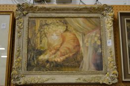 A study of a ginger cat, oil on canvas, in a decorative frame.