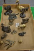 A collection of fourteen miniature bronze animals and birds.