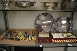 A quantity of plated cutlery and two salvers etc.