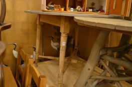 A rustic circular table.