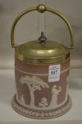 A lilac jasparware and plated biscuit barrel.