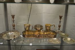 Various plated wares to include a pair of candlesticks, tankards etc.