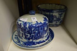 A reproduction blue and white cheese dish and cover and similar jelly mould.