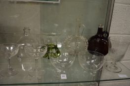 A group of glassware to include a Continental moulded and etched decanter, a wasp trap glass