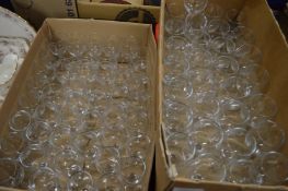 A quantity of wine glasses.