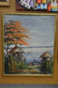 African school, figures by a river, oil on canvas.