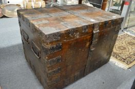A metal bound oak silver chest.