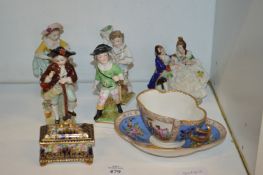 Ornamental figurines, Dresden cup and saucer etc.