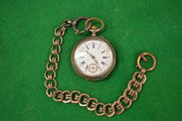 A pocket watch with gilt metal chain.