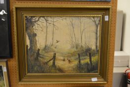 Audrey Knight, pheasants in a woodland, oil on canvas.