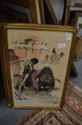 A group of three watercolours of bull fighting scenes.