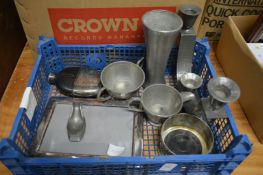 Pewter candelabra, hip flask and other items.