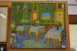 Manner of Van Gogh, restaurant scene with tables and chairs, oil on canvas.