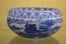 A large blue and white bowl.