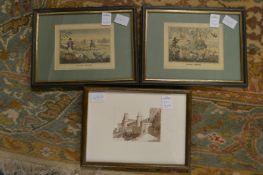 Coastal landscape with ships, watercolour sketch and three prints.