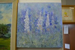 Scott, a painting of blue flowers and pink flowers, oil on canvas, unframed, a pair.
