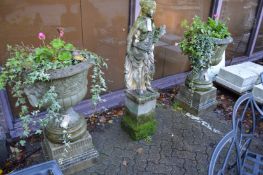 A very good large pair of composite classical garden urns on pedestal bases complete with flowers.