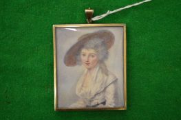 A portrait miniature of a young lady wearing a broad brimmed hat.