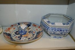 An imari dish, Chinese blue and white caudle cup and cover and a blue and white jardiniere.