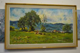 A large rural landscape with figures seated beneath a tree, oil on canvas.