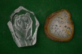 A small glass ornament intaglio engraved with a lion together with a slither of hardstone.