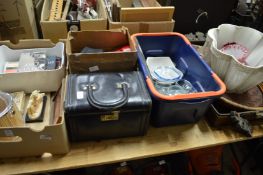 Miscellaneous collectables, books, vanity case, glassware, woven trays etc.